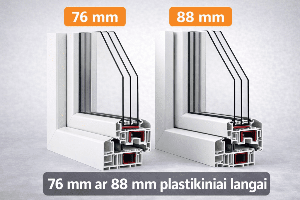 PVC lango profilio pjūvio iliustracija, rodanti 76 ir 88 mm sistemų skirtumą