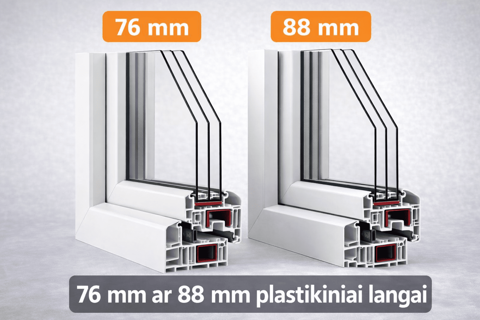 PVC lango profilio pjūvio iliustracija, rodanti 76 ir 88 mm sistemų skirtumą